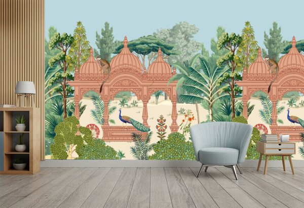 Traditional Indian temple garden, forest, peacock, monkey vector pattern - Image 2