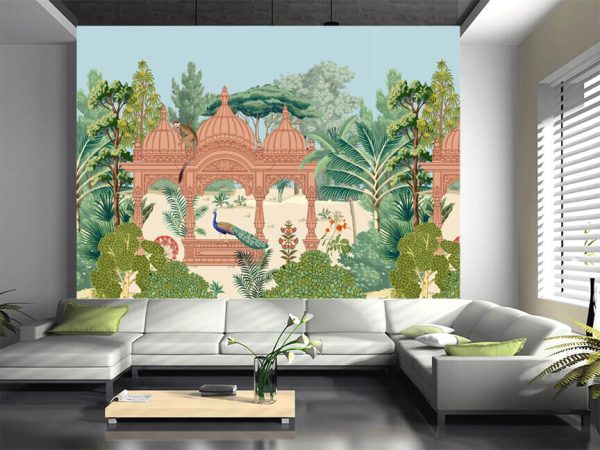 Traditional Indian temple garden, forest, peacock, monkey vector pattern - Image 3