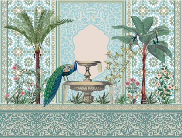 Traditional Moroccan decorative wall with plants and peacock