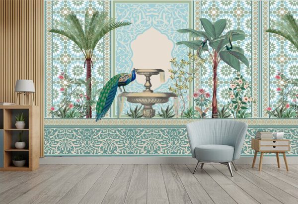 Traditional Moroccan decorative wall with plants and peacock - Image 2