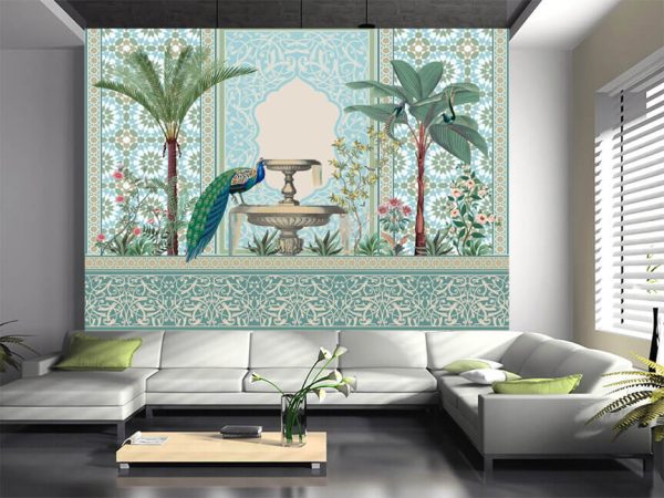 Traditional Moroccan decorative wall with plants and peacock - Image 3