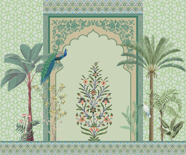 Traditional Mughal arch, Moroccan border, plants, tree, peacock colorful decorative frame