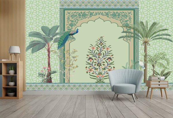 Traditional Mughal arch, Moroccan border, plants, tree, peacock colorful decorative frame - Image 2