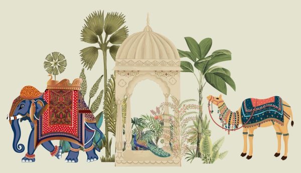 Traditional Mughal Elephant, camel caravan vector illustration
