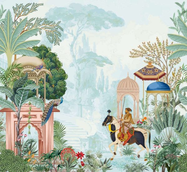 Traditional Mughal emperor riding horse in a garden vector illustration pattern for wallpaper