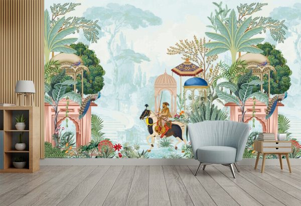 Traditional Mughal emperor riding horse in a garden vector illustration pattern for wallpaper - Image 2