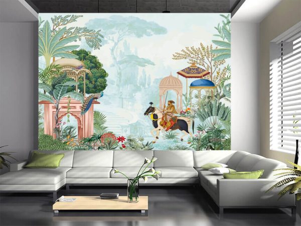 Traditional Mughal emperor riding horse in a garden vector illustration pattern for wallpaper - Image 3