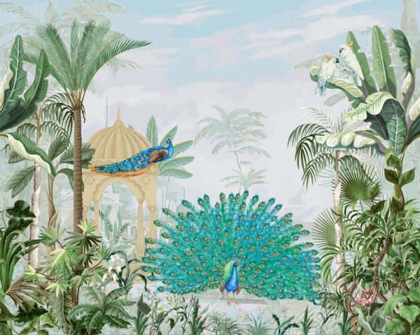 Traditional mughal garden, forest, peacock pattern