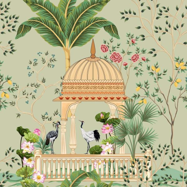Traditional Mughal garden, lotus, arch, temple, lamp, bird vector illustration seamless pattern for wallpaper