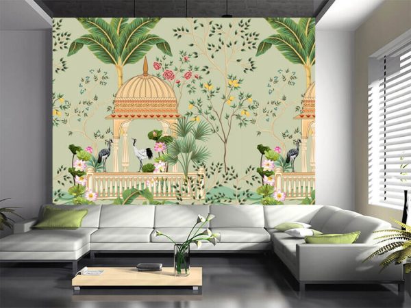 Traditional Mughal garden, lotus, arch, temple, lamp, bird vector illustration seamless pattern for wallpaper - Image 3