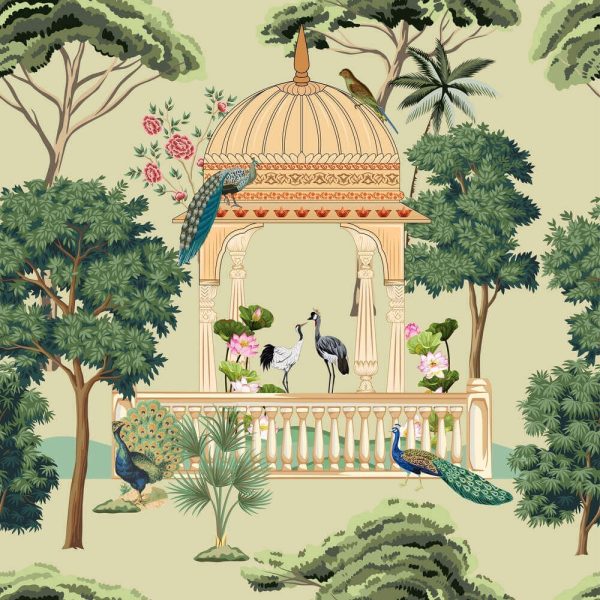 Traditional Mughal garden, lotus, arch, temple, lamp, peacock, bird vector illustration seamless pattern for wallpaper
