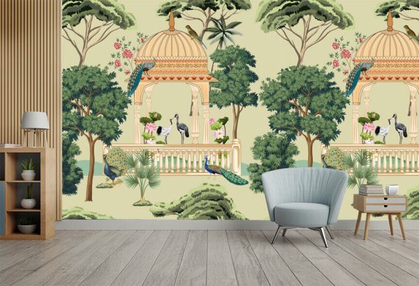 Traditional Mughal garden, lotus, arch, temple, lamp, peacock, bird vector illustration seamless pattern for wallpaper - Image 2