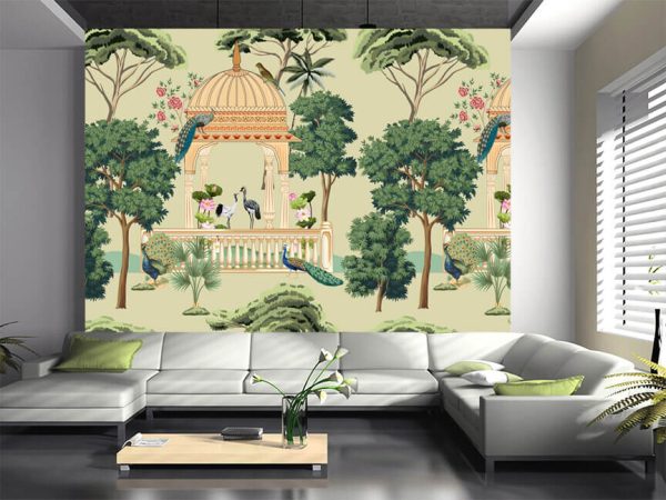 Traditional Mughal garden, lotus, arch, temple, lamp, peacock, bird vector illustration seamless pattern for wallpaper - Image 3