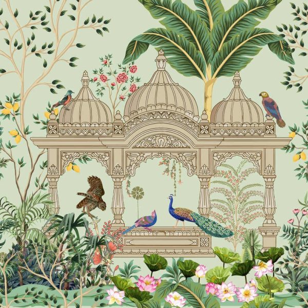 Traditional Mughal garden, peacock, arch, temple, lotus, bird vector illustration seamless pattern for wallpaper