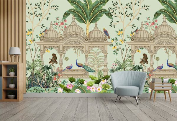 Traditional Mughal garden, peacock, arch, temple, lotus, bird vector illustration seamless pattern for wallpaper - Image 2