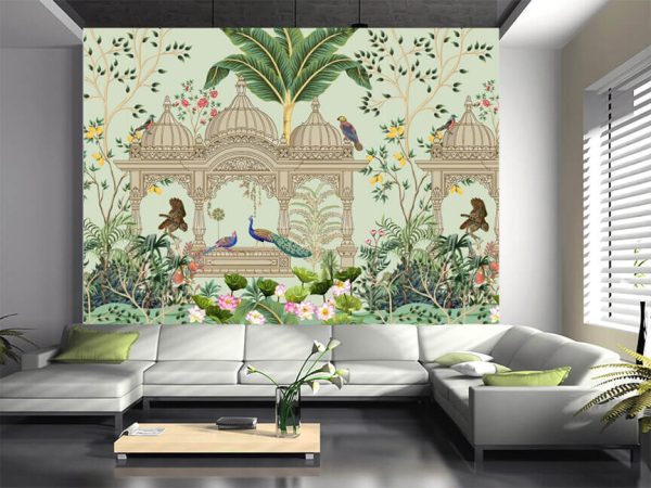 Traditional Mughal garden, peacock, arch, temple, lotus, bird vector illustration seamless pattern for wallpaper - Image 3