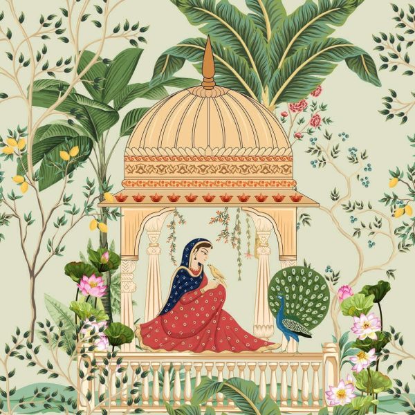Traditional Mughal queen sitting in garden, arch, temple, lamp, bird vector illustration seamless pattern for wallpaper