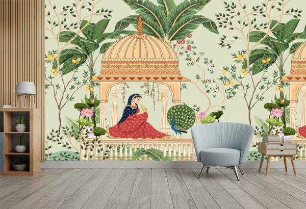 Traditional Mughal queen sitting in garden, arch, temple, lamp, bird vector illustration seamless pattern for wallpaper - Image 2