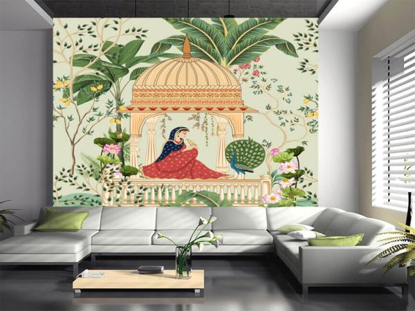 Traditional Mughal queen sitting in garden, arch, temple, lamp, bird vector illustration seamless pattern for wallpaper - Image 3