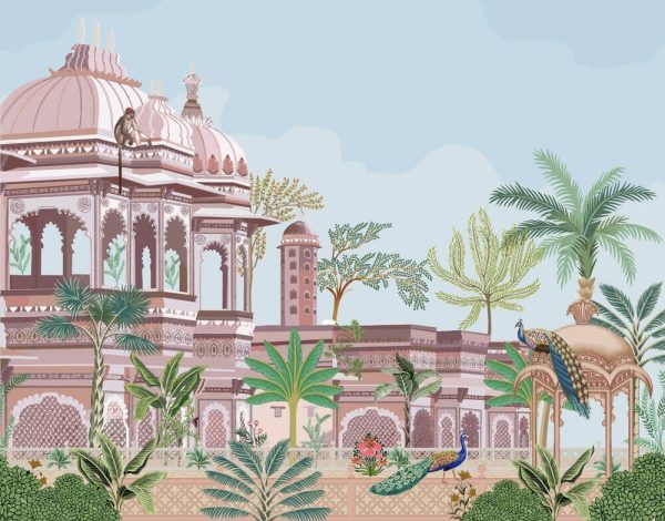Traditional south Indian temple complex garden with peacock, monkey vector illustration pattern