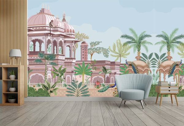 Traditional south Indian temple complex garden with peacock, monkey vector illustration pattern - Image 2