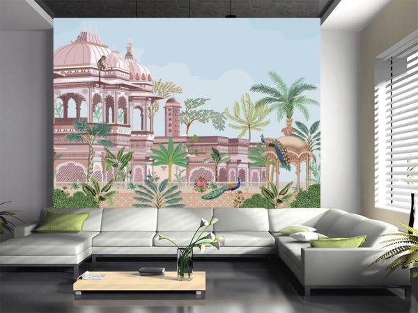 Traditional south Indian temple complex garden with peacock, monkey vector illustration pattern - Image 3