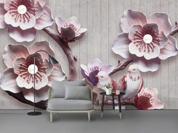 Modern 3D Embossed Plum Blossom Bird Retro Elegant Wallpaper