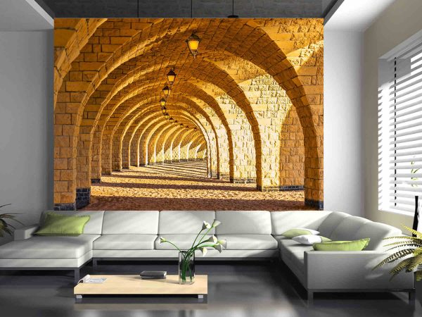 The arched stone colonnade with suspended lanterns