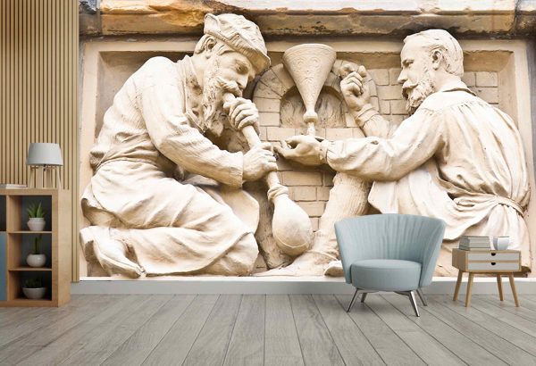 Clay sculpture of two men working glass blowing - Image 3