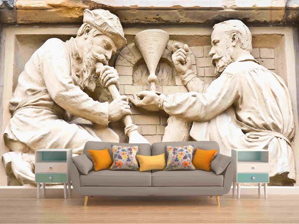 Clay sculpture of two men working glass blowing