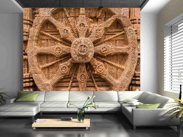 A chariot wheel carved into the wall