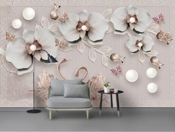 Modern 3d Stereo Luxury Butterfly Orchid Swan Romantic  wallpaper