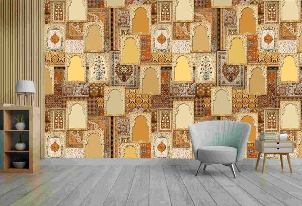 Seamless ethnic mughal floral motif on digital background pattern