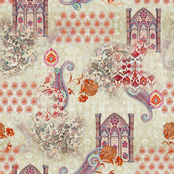 Seamless beautiful mughal floral with ethnic paisley with pattern on digital cream background