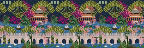 Digital Mughal Plants for wallpaper Print Manually Illustrated Artwork . Abstract Mughal Geometric colorful circle bunch. decorative Mughal stole cream background