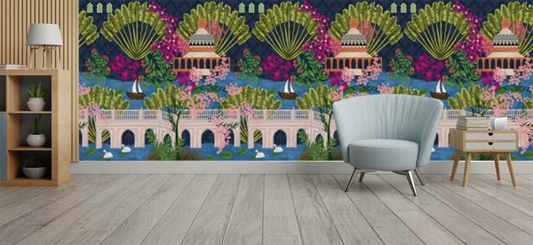 Digital Mughal Plants for wallpaper Print Manually Illustrated Artwork . Abstract Mughal Geometric colorful circle bunch. decorative Mughal stole cream background - Image 2