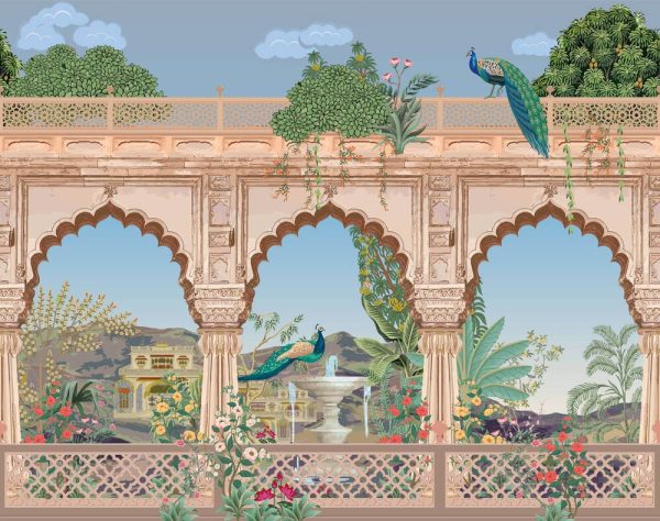 Mughal arch  palace  peacock  garden  mountain illustration for wallpaper