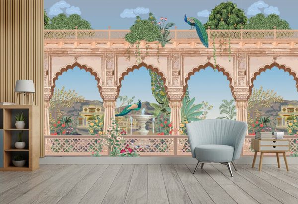 Mughal arch  palace  peacock  garden  mountain illustration for wallpaper - Image 2