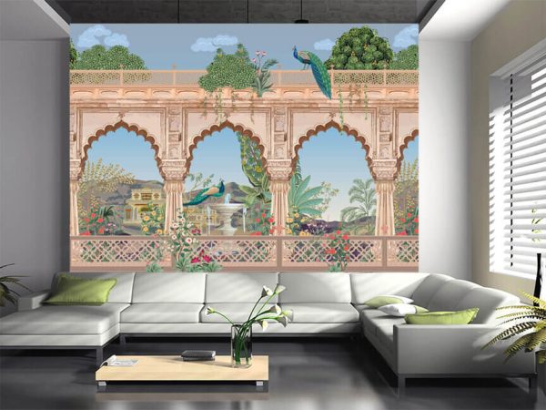 Mughal arch  palace  peacock  garden  mountain illustration for wallpaper - Image 3