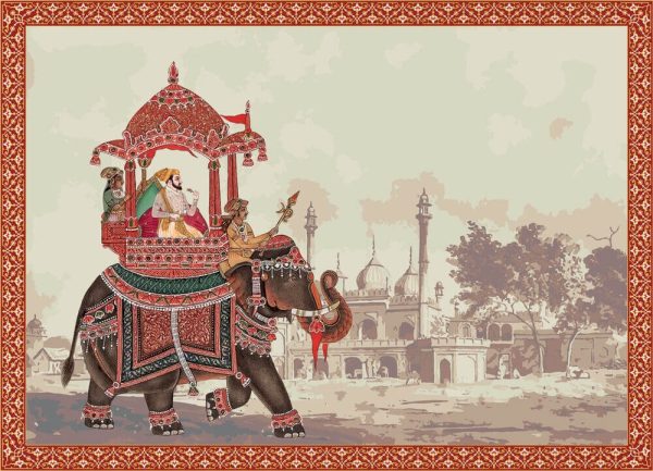 Mughal Emperor riding elephant decorative illustration frame