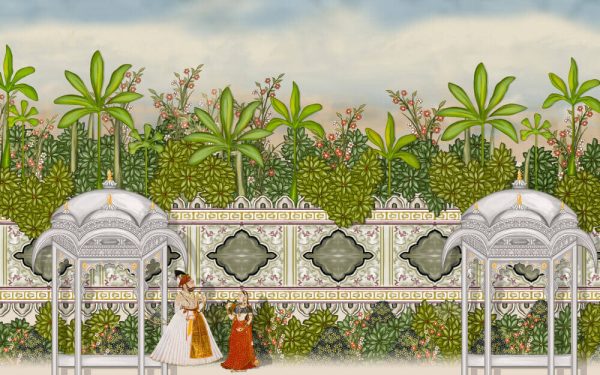Mughal Garden Wall Oil-Paint Illustration Artwork for textile print