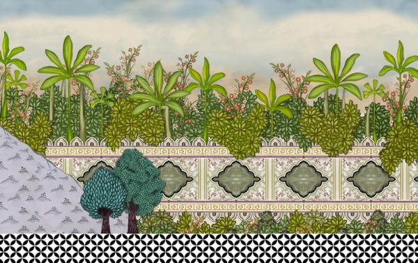 Mughal Garden Wall with leaves Oil-Paint Illustration