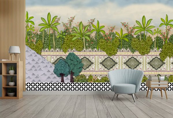 Mughal Garden Wall with leaves Oil-Paint Illustration - Image 2