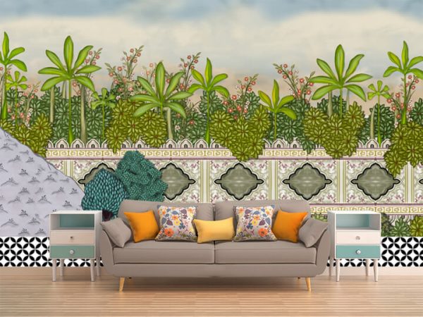 Mughal Garden Wall with leaves Oil-Paint Illustration - Image 3