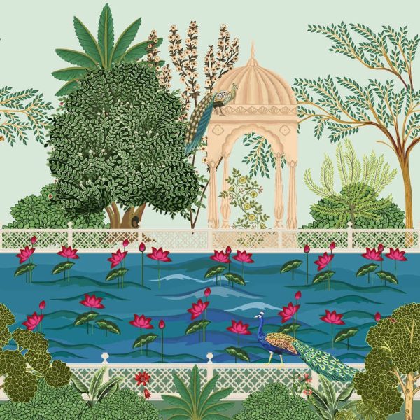 Mughal garden, lake, peacock, water lily, temple illustration pattern