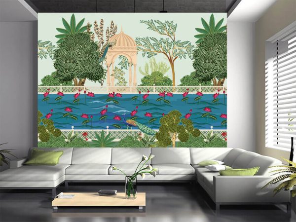 Mughal garden, lake, peacock, water lily, temple illustration pattern - Image 2