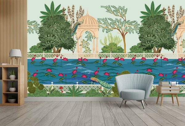 Mughal garden, lake, peacock, water lily, temple illustration pattern - Image 3