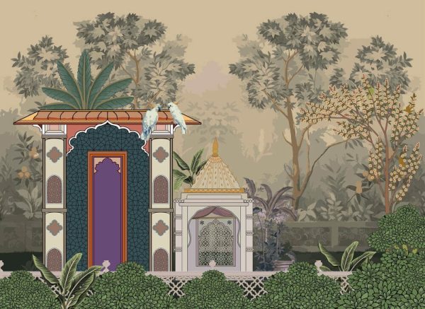 Mughal garden, temple. parrot, tree vector pattern
