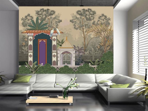 Mughal garden, temple. parrot, tree vector pattern - Image 3