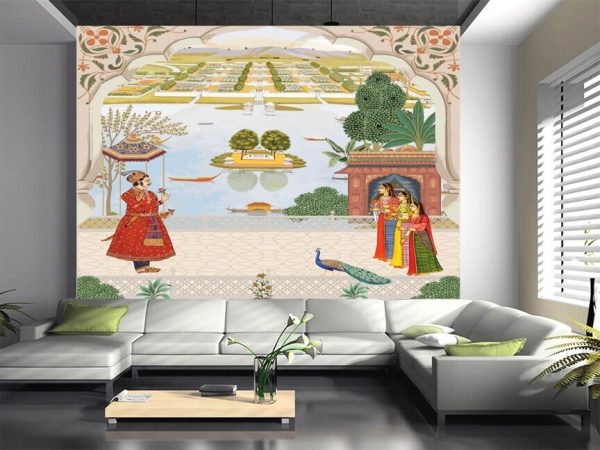Mughal king welcoming by woman. Peacock, arch vector pattern illustration - Image 2